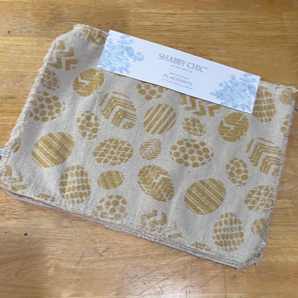 Shabby Chic Easter Egg Placemats Set of 4 Mustard Yellow Beige Frayed Edge 13x19